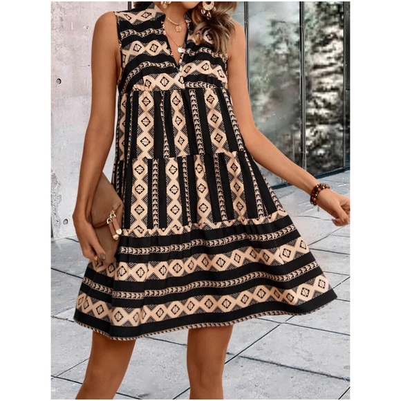 Boho Geo Print Sleeveless Ruffle Dress - Picture 10 of 12